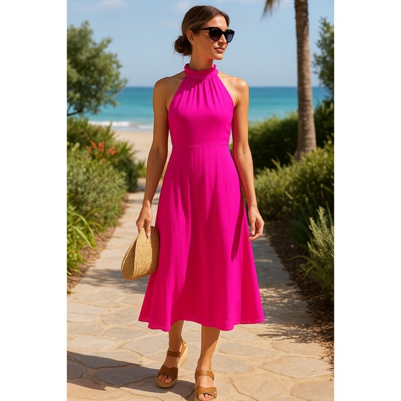 Banana Republic MIX MIXTE Hot Pink Halter Maxi Dress Ruffle High Neck Size 6 - Picture 1 of 8